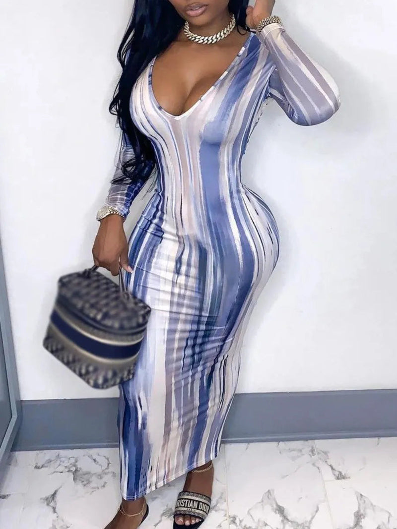 U Neck Tie-dye Print Bodycon Midi Dress