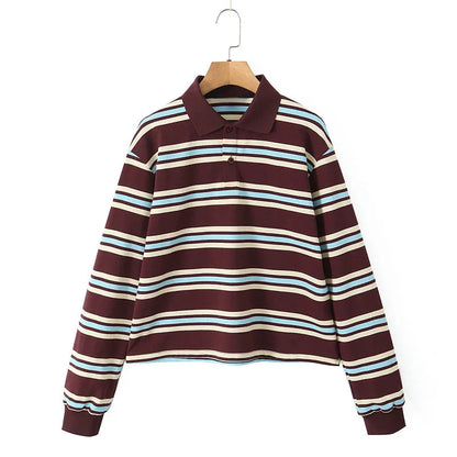 Stripe Basic T-shirt Long Sleeve Female All Match Polo Shirt Spring New Loose Tops High Street