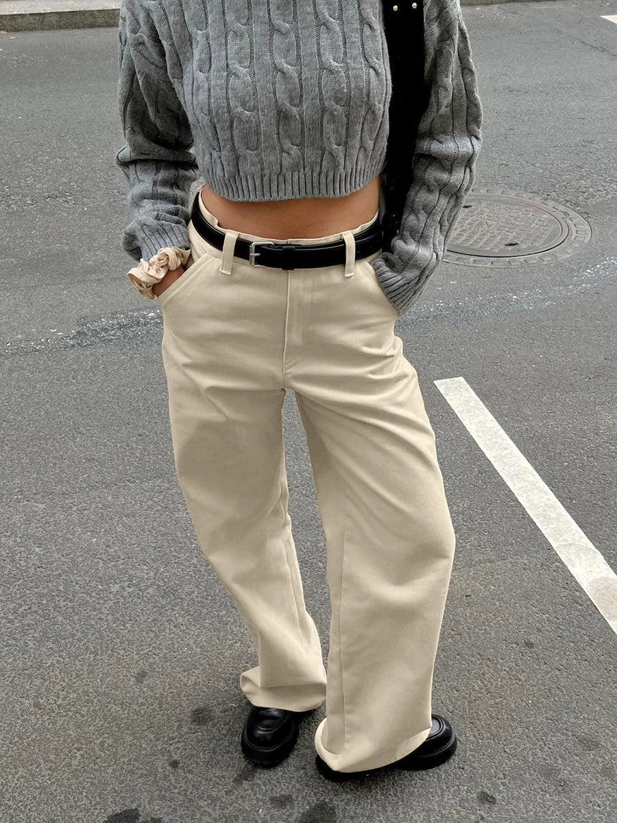 Khaki Classic Wide Leg Pant High Waist Pocket Loose Simple Trouser Autumn Winter Pants New
