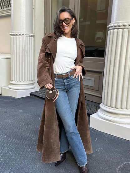 With Belt Suede Long Jacket Button Lapel Oversize Loose Overcoat Autumn Female High Street Coat