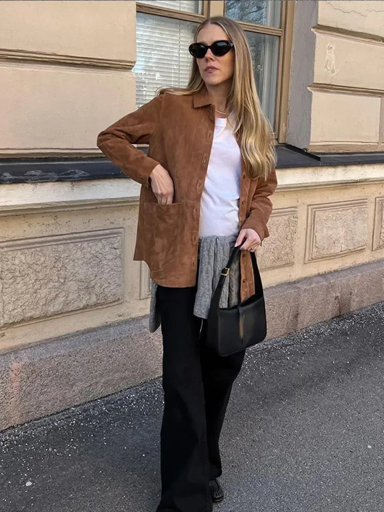 Suede Jackets Turn-down Collar Female Coat Autumn Single Breasted Lady Jacket Outwear