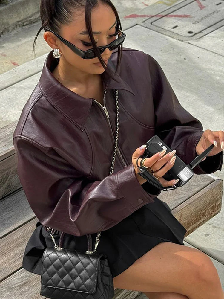 Pu Leather Jackets Coats Turn Down Collar Long Sleeve Zipper Female Motorcycle Top Coat Autumn Outwear