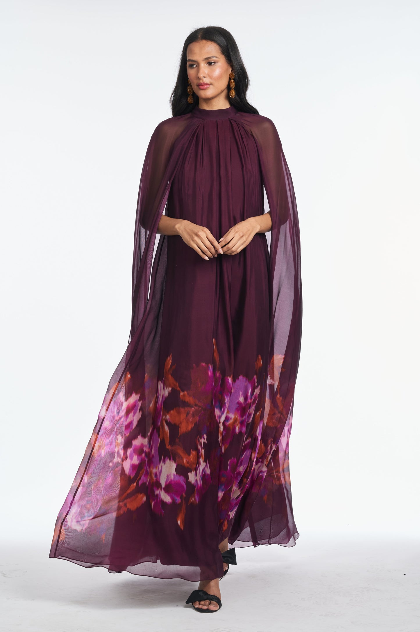 Sabrina Printed Cape Sleeve Maxi Dress