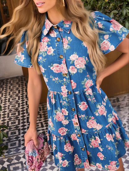 Fleur Fantasy Rose Denim Mini Dress - Denim