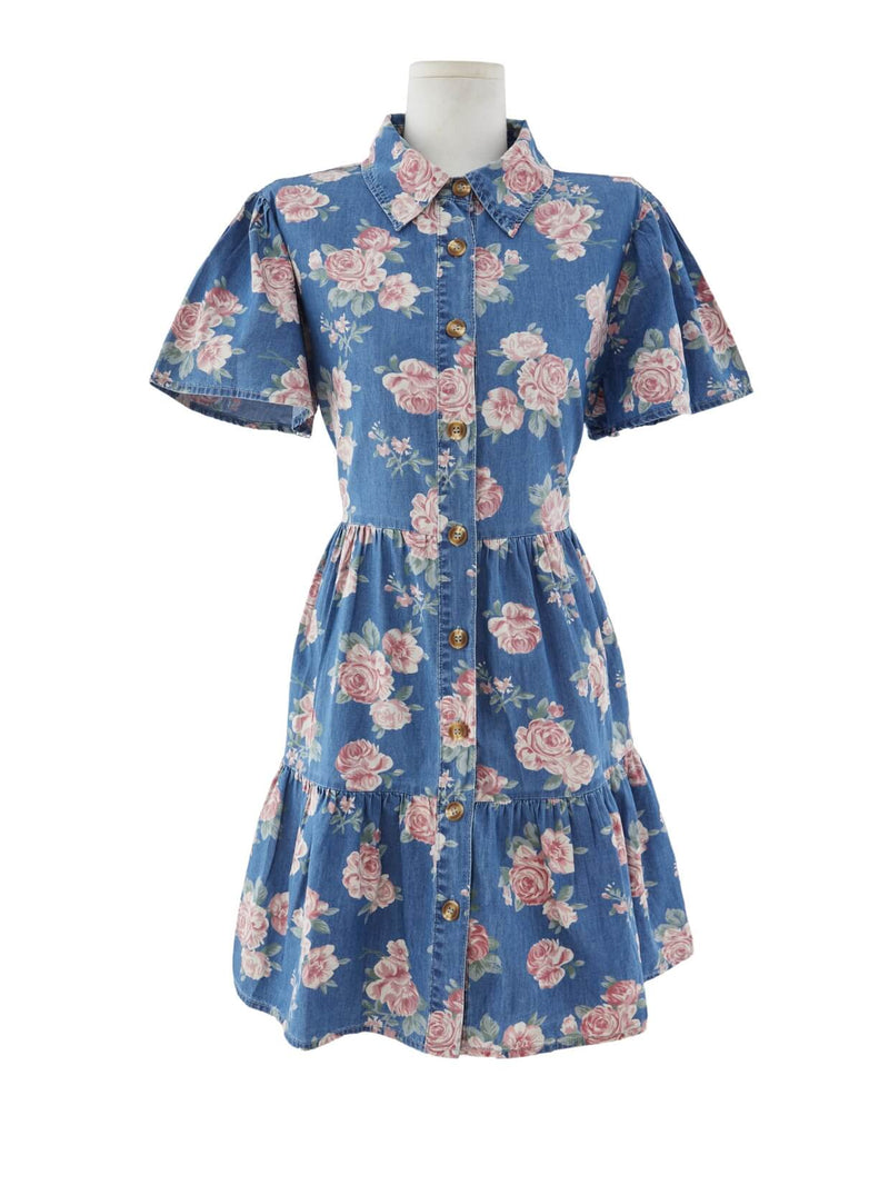 Fleur Fantasy Rose Denim Mini Dress - Denim