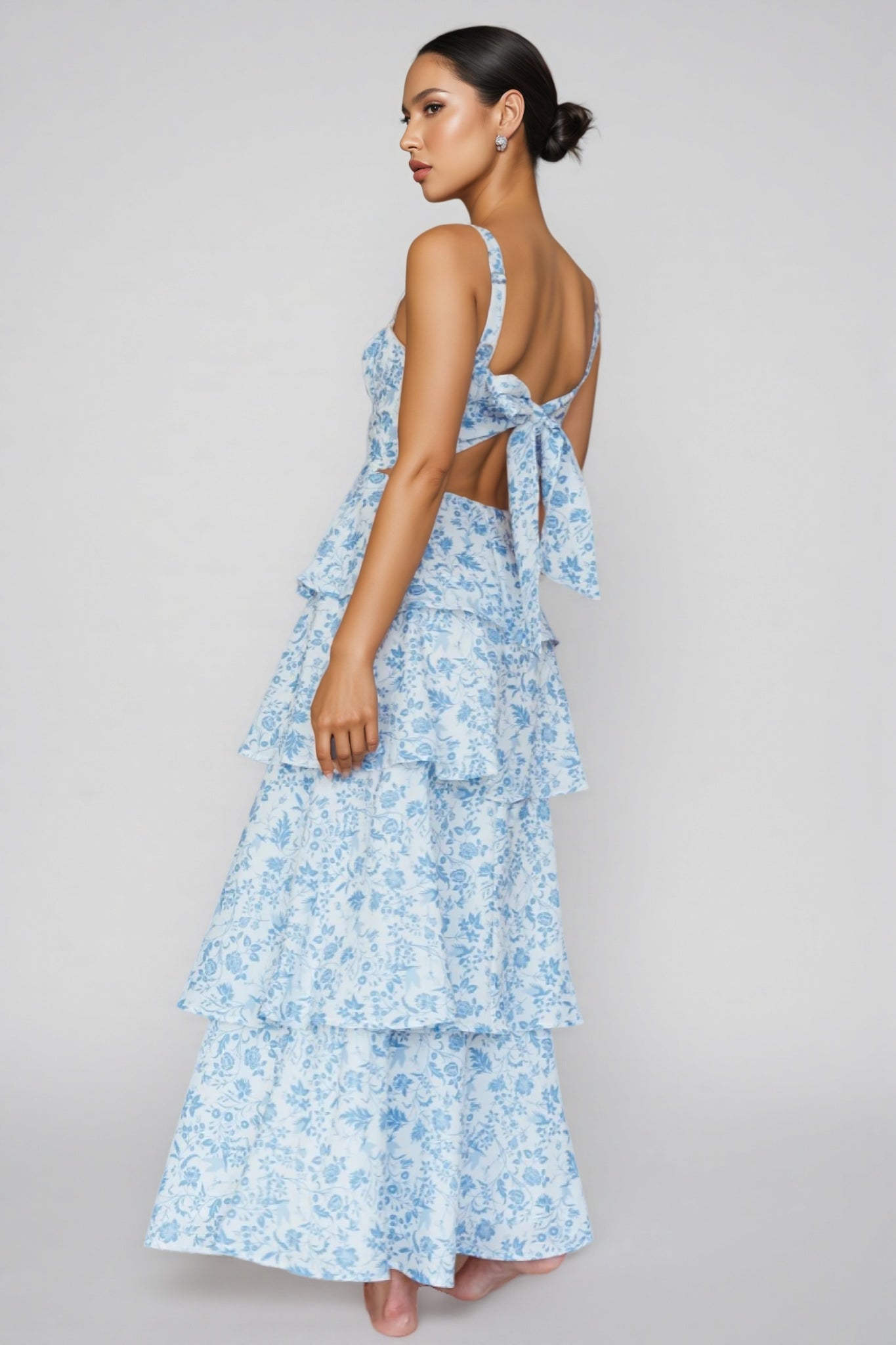 Chriske Blue Print Ruffle Maxi Dress