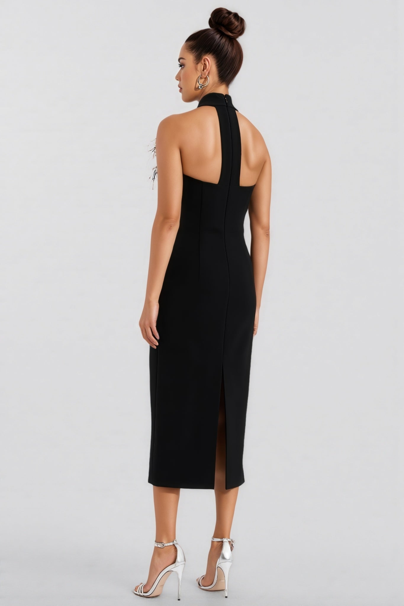 Thian Embellished Feather Bandage Midi Dress