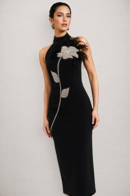 Thian Embellished Feather Bandage Midi Dress