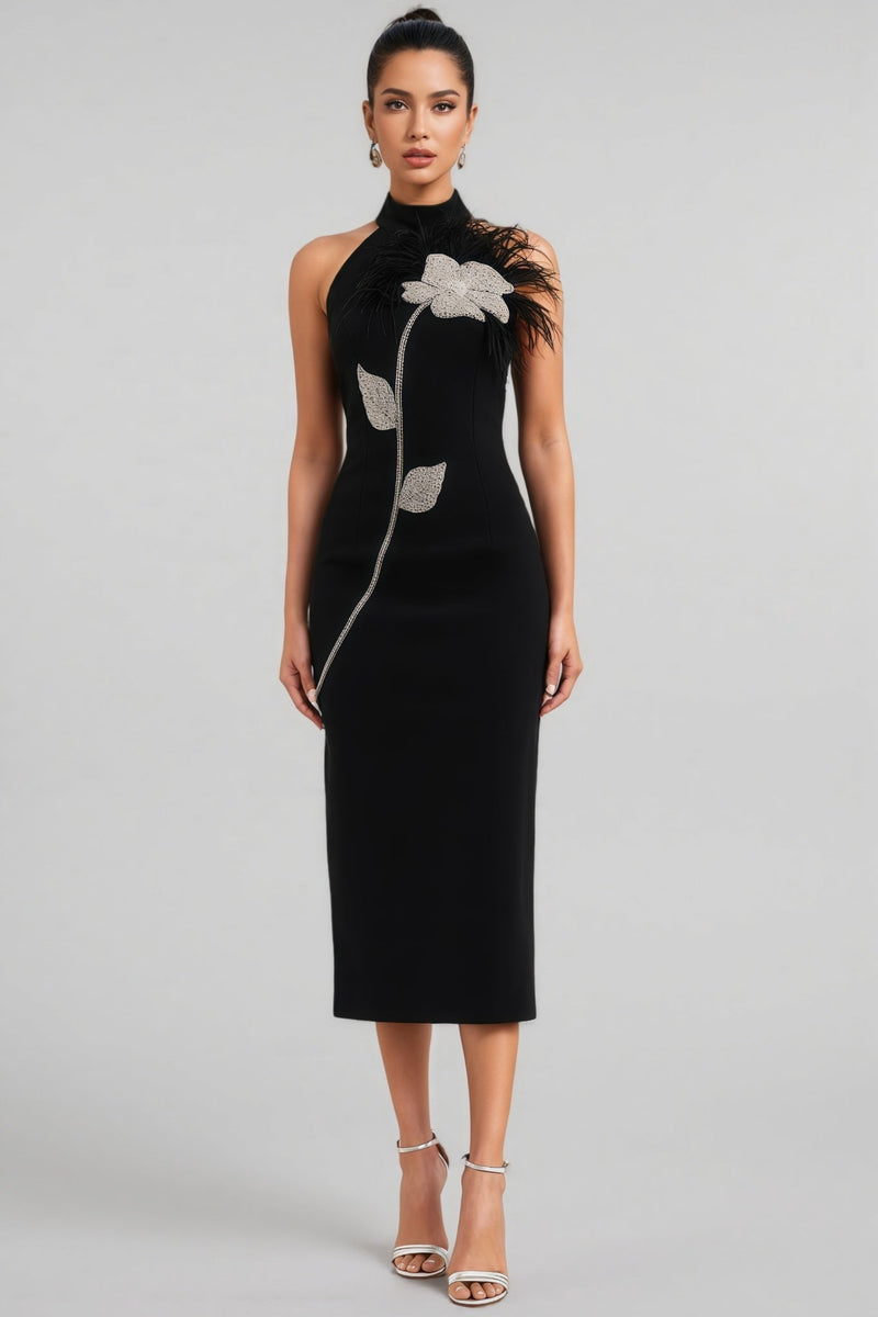 Thian Embellished Feather Bandage Midi Dress