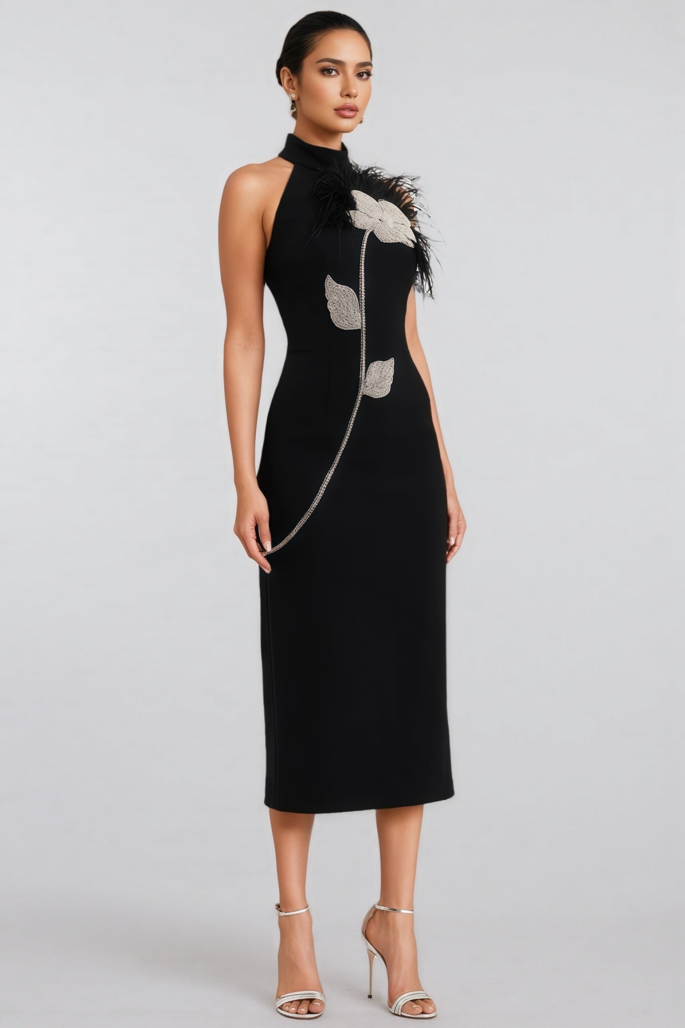 Thian Embellished Feather Bandage Midi Dress