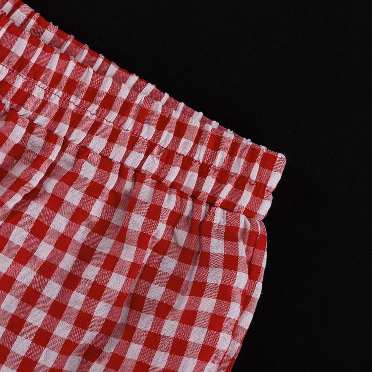 Red Plaid Wide Leg Pants Sets Long Sleeve Lace-up Blouse+elastic Waist Trouser Lace Trim 2 Piece Set New