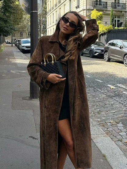 Female New Windbreaker Turn-down Collar Long Sleeves Belt Autumn Double Breasted Trench Coat Mujer