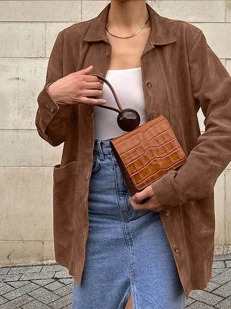 Suede Jackets Turn-down Collar Female Coat Autumn Single Breasted Lady Jacket Outwear