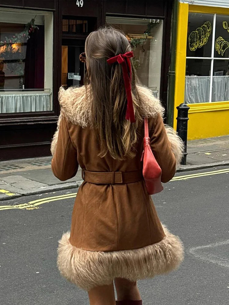 Suede and Fur Coat Plush Double Breasted Turn-down Collar Belts Thick Outerwear Warm Feather Overcoat