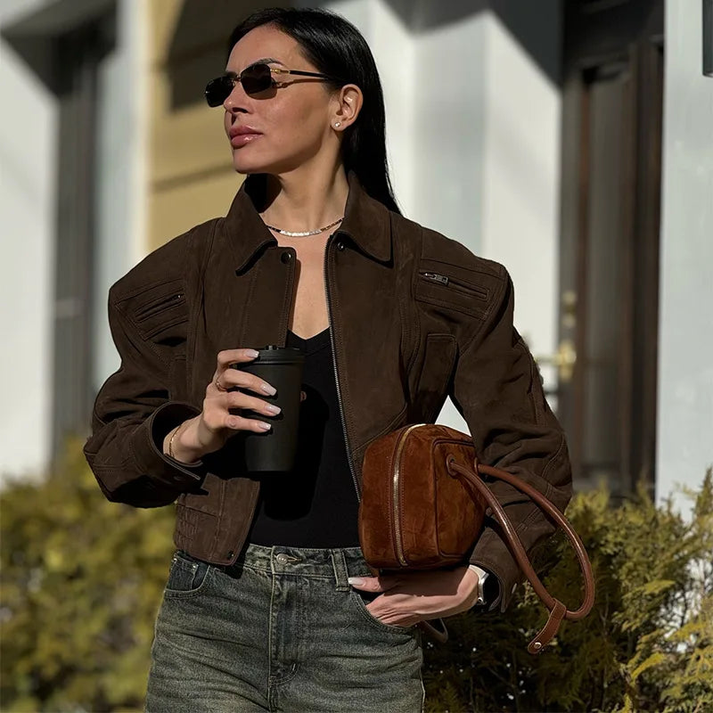 Camel Cropped Suede Jacket Lapel Full Sleeve Pocket Zipper Short Coat New Causal Autumn Lady Daily
