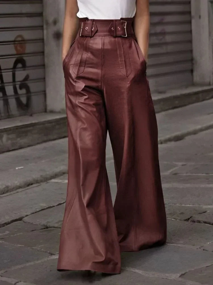 New Autumn Winter Faux Pu Pants Color Pleated Pockets High Waisted Wide Leg Trousers
