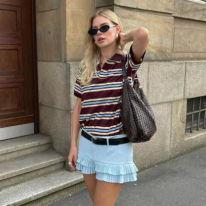 Stripe T-shirt Short Sleeve Female All Match Polo Shirts Summer New Loose Tops High Street