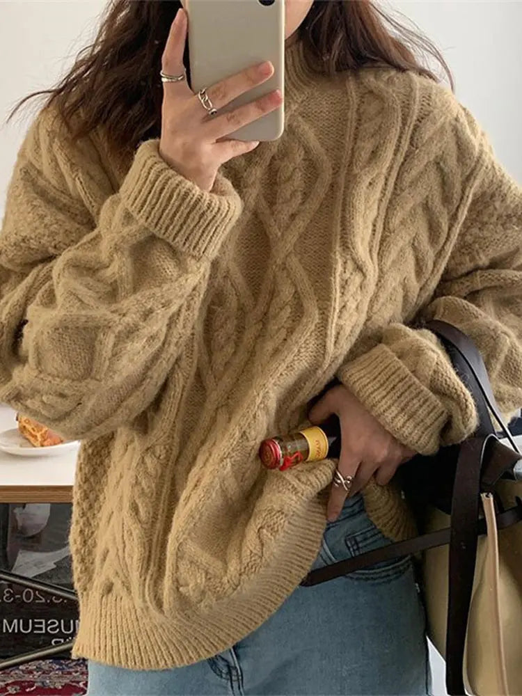 Thick Twisted Sweater Autumn Long Sleeve O-neck Female Knitted Pullover Loose Lady Kintwear Tops