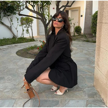 Loose Waist Cinching Belt Full Sleeve Jacket Female Tailored Coat Retro Lapel Suit Jackets