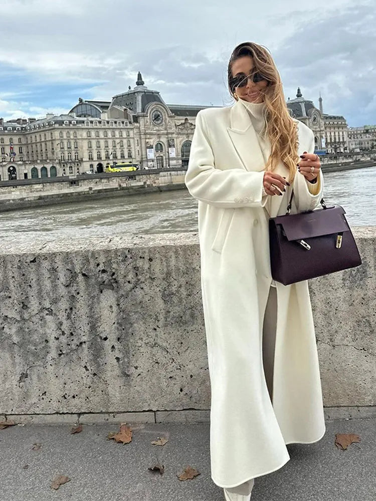 Oversize Lapel Extra Long Woolen Overcoat Double Breasted Cropped Overgarment Lady Commute