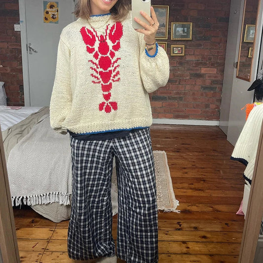 Lobster Patterm Knitted Pullovers Autumn Winter Long Sleeve Knitwear 90s Grunge Preppy Style Y2k Sweater Clothes
