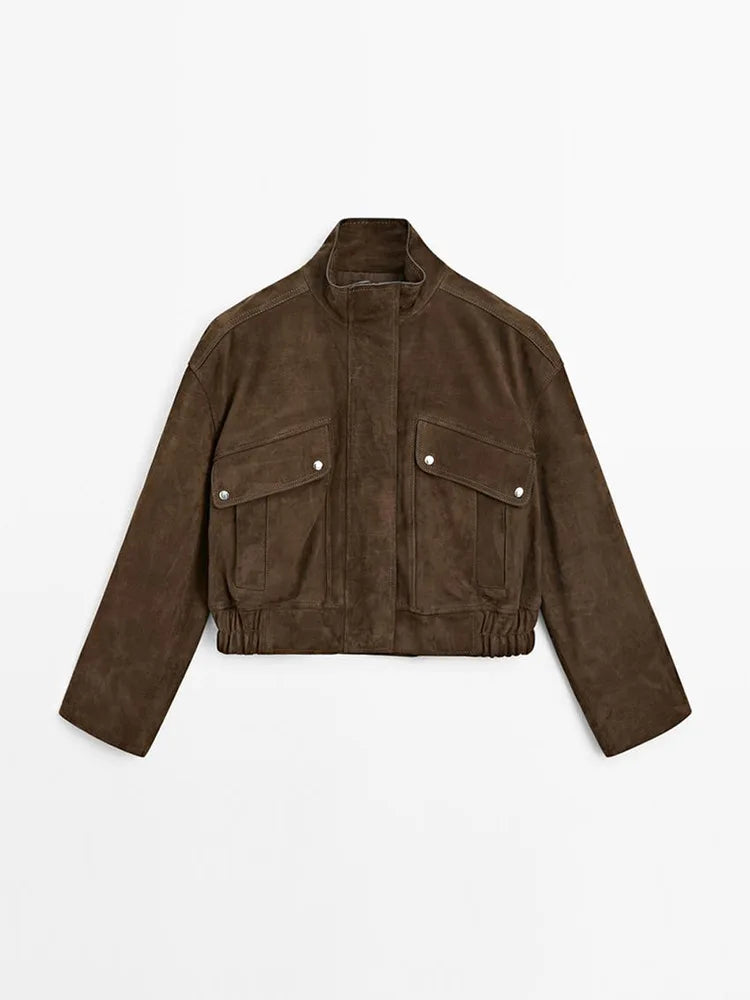 Zipper Suede Cargo Jacket Coat Button Lapel Maillard Slimming Workwear Leather Jackets Short Outwear Commute Overcoat
