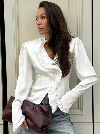 Taivimart - White Ruffled Shirts for Patchwork V-neck Long Sleeve Autumn Female Cardigan Blouses