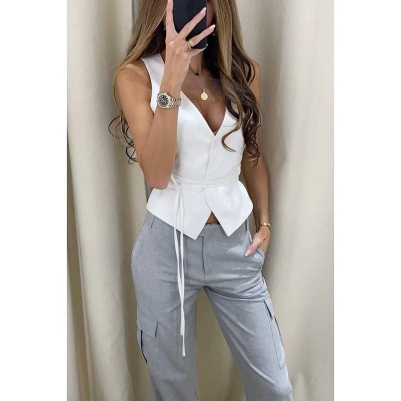 Lace Up Sleeveless White Blouse