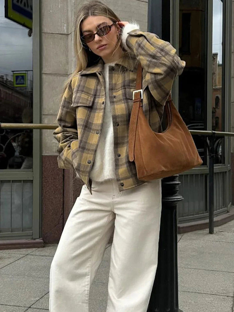 New Plaid Contrast Jacket Autumn Winter Single Breasted Long Sleeve Outerwear Female Coat