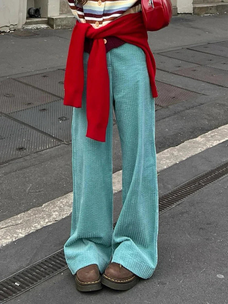 Striped Corduroy Wide Pants Plain High Rise Straight Loose Draped Long Trousers Korean Autumn Clothes