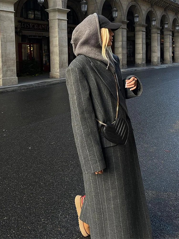 Gray Striped Long Coats Woolen Lapel Long Sleeve Back Split Loose Jackets Autumn Street Outwears