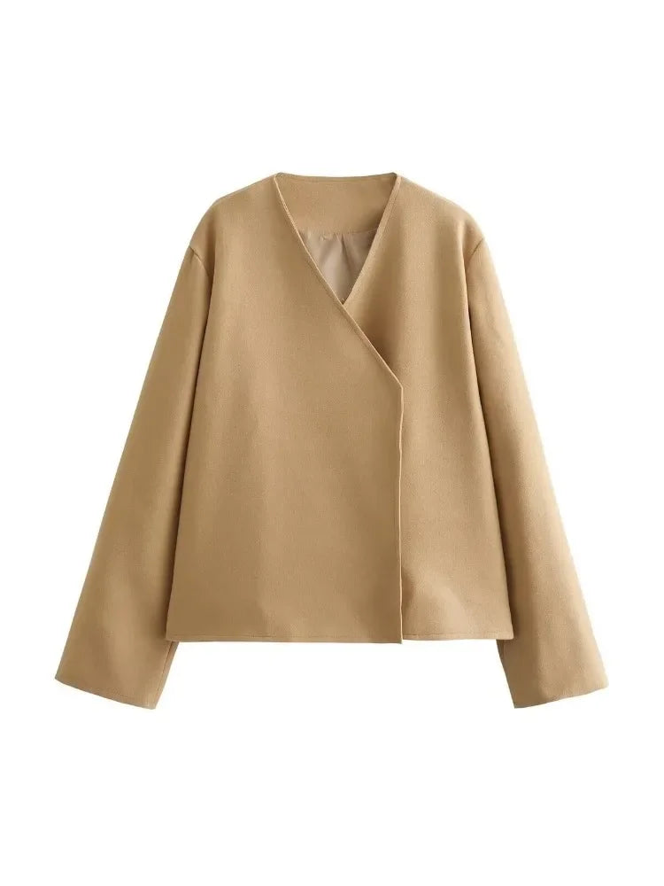 V-neck Khaki Thicken Wool Jacket Autumn Winter Loose Blend Coat Female Warm Outfit Coats for