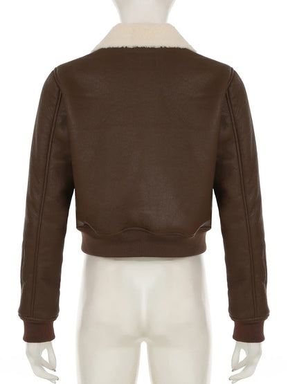 Patchwork Pu Leather Jackets Basic Turn-down Collar Long Sleeve Coats Autumn Winter Lady