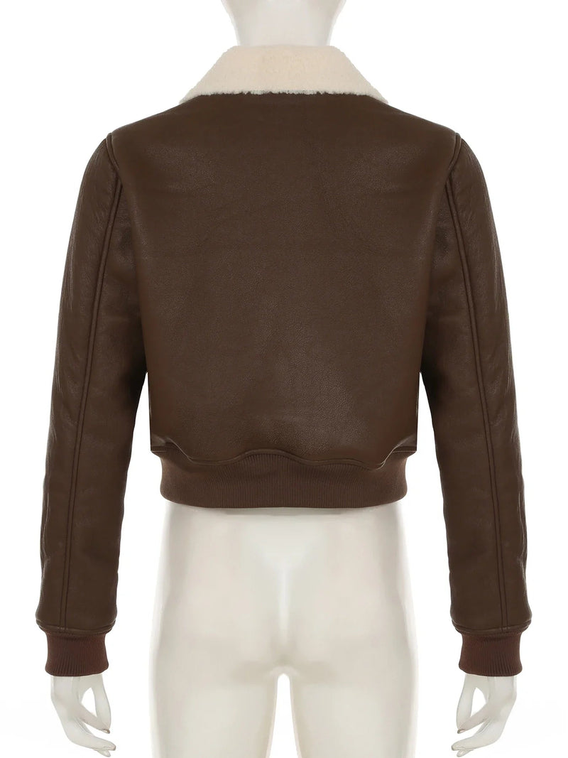 Patchwork Pu Leather Jackets Basic Turn-down Collar Long Sleeve Coats Autumn Winter Lady