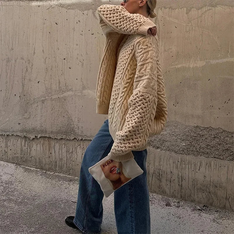 Oversized Knit Twist Pullovers Loose Lazy O-neck Long Sleeve Sweaters Female Autumn New Street Knitwear