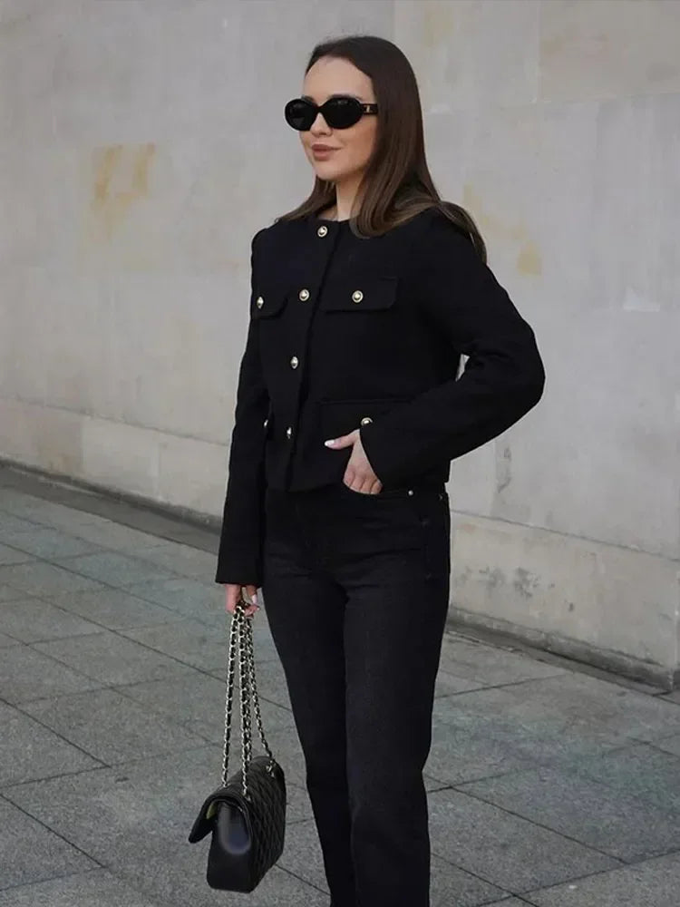 Button Fake Pocket Jacket O-neck Long Sleeve Single Breasted Cropped Coats New Lady Outerwear
