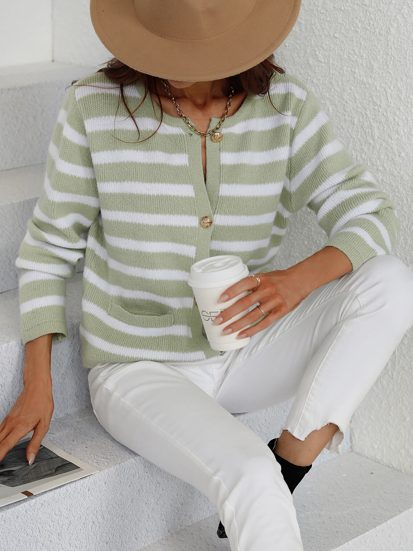 Stripe Pocket Button Up Knit Cardigan - Sage