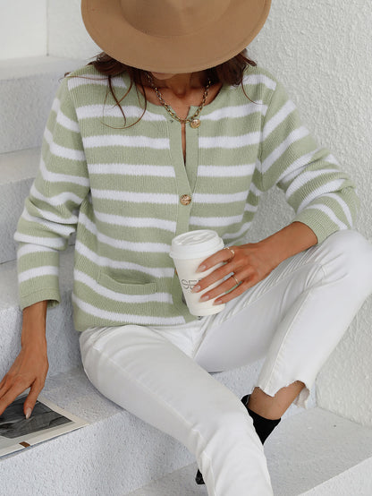 Stripe Pocket Button Up Knit Cardigan - Sage