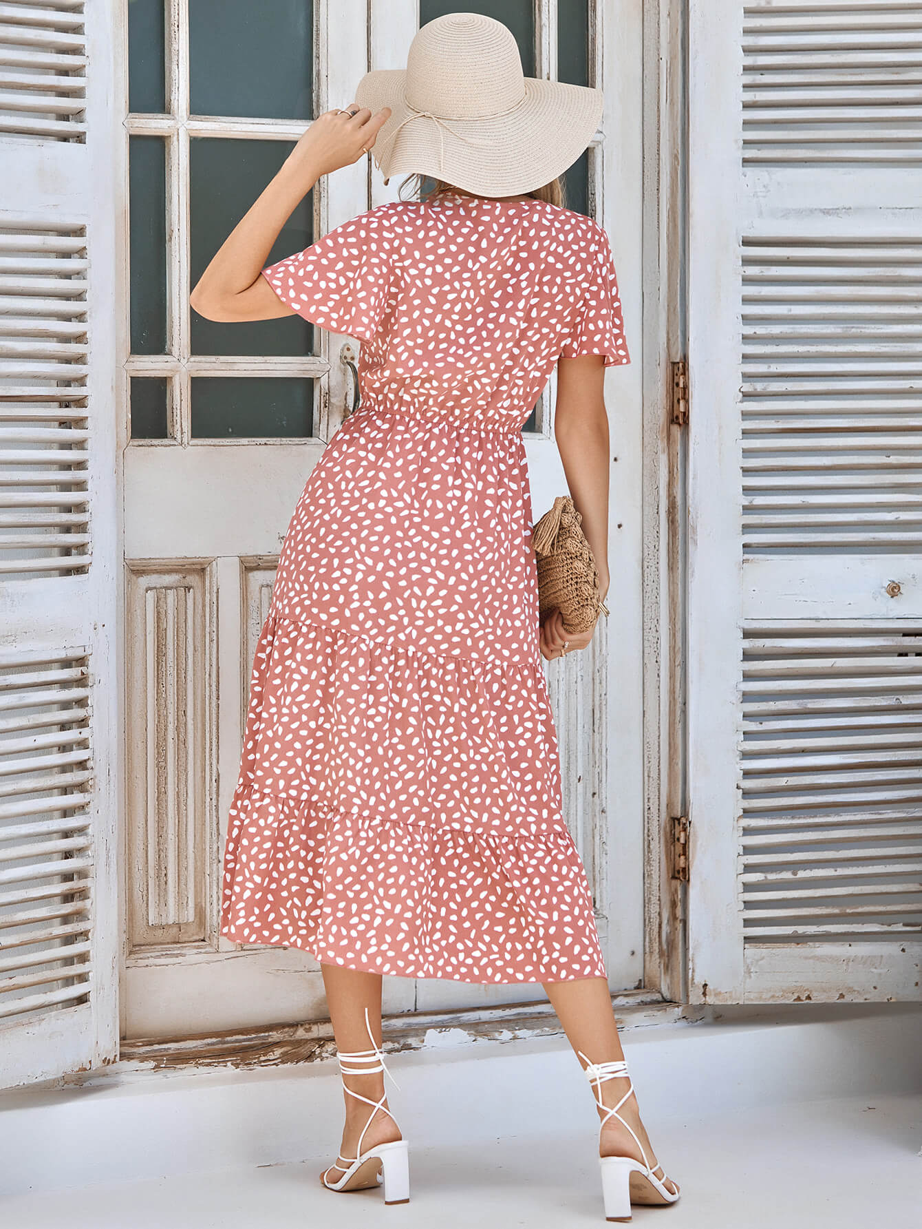 Charlie Short Sleeve Spot Midi Dress - Salmon