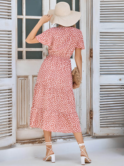 Charlie Short Sleeve Spot Midi Dress - Salmon
