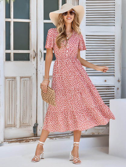 Charlie Short Sleeve Spot Midi Dress - Salmon