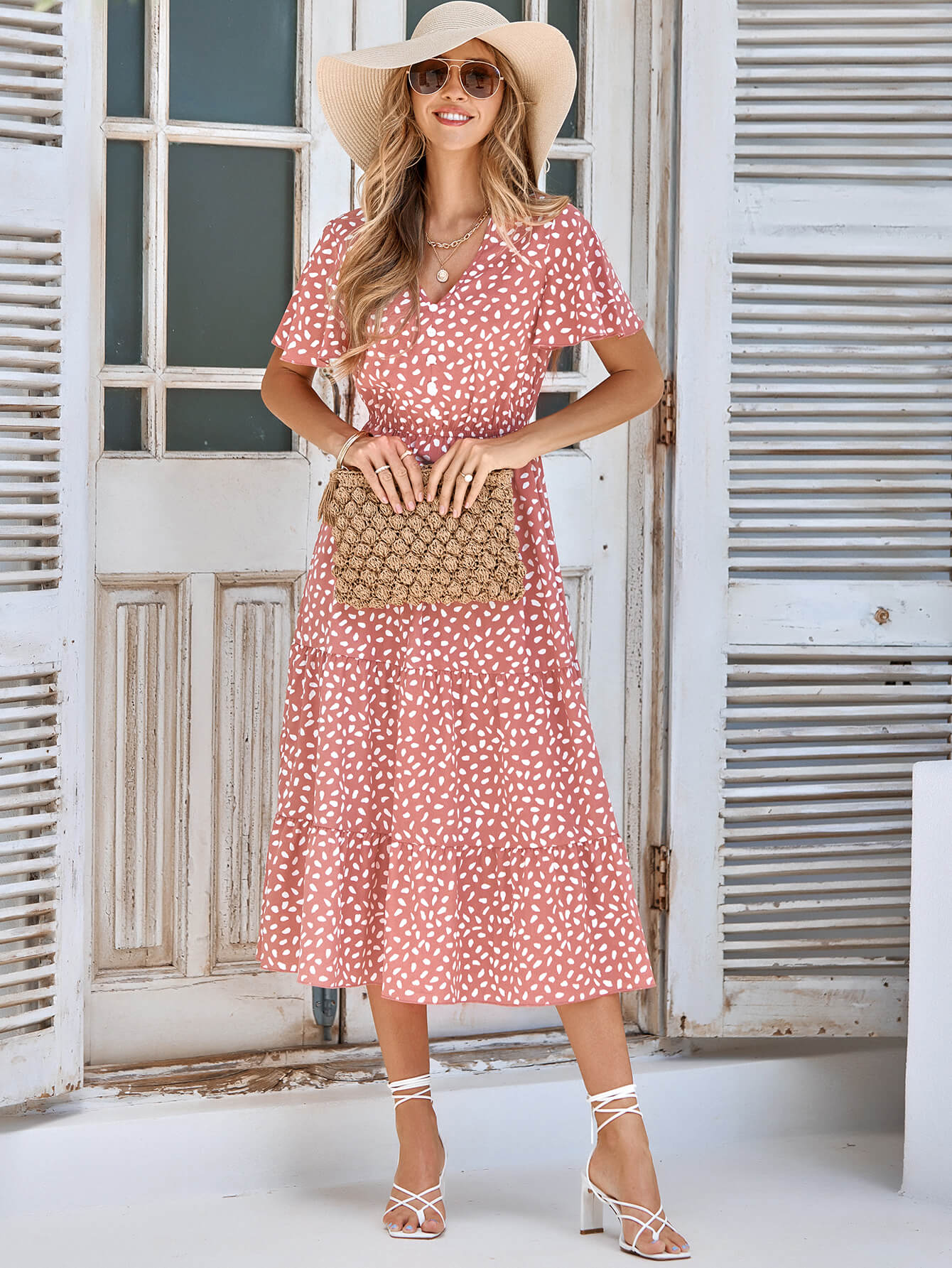 Charlie Short Sleeve Spot Midi Dress - Salmon