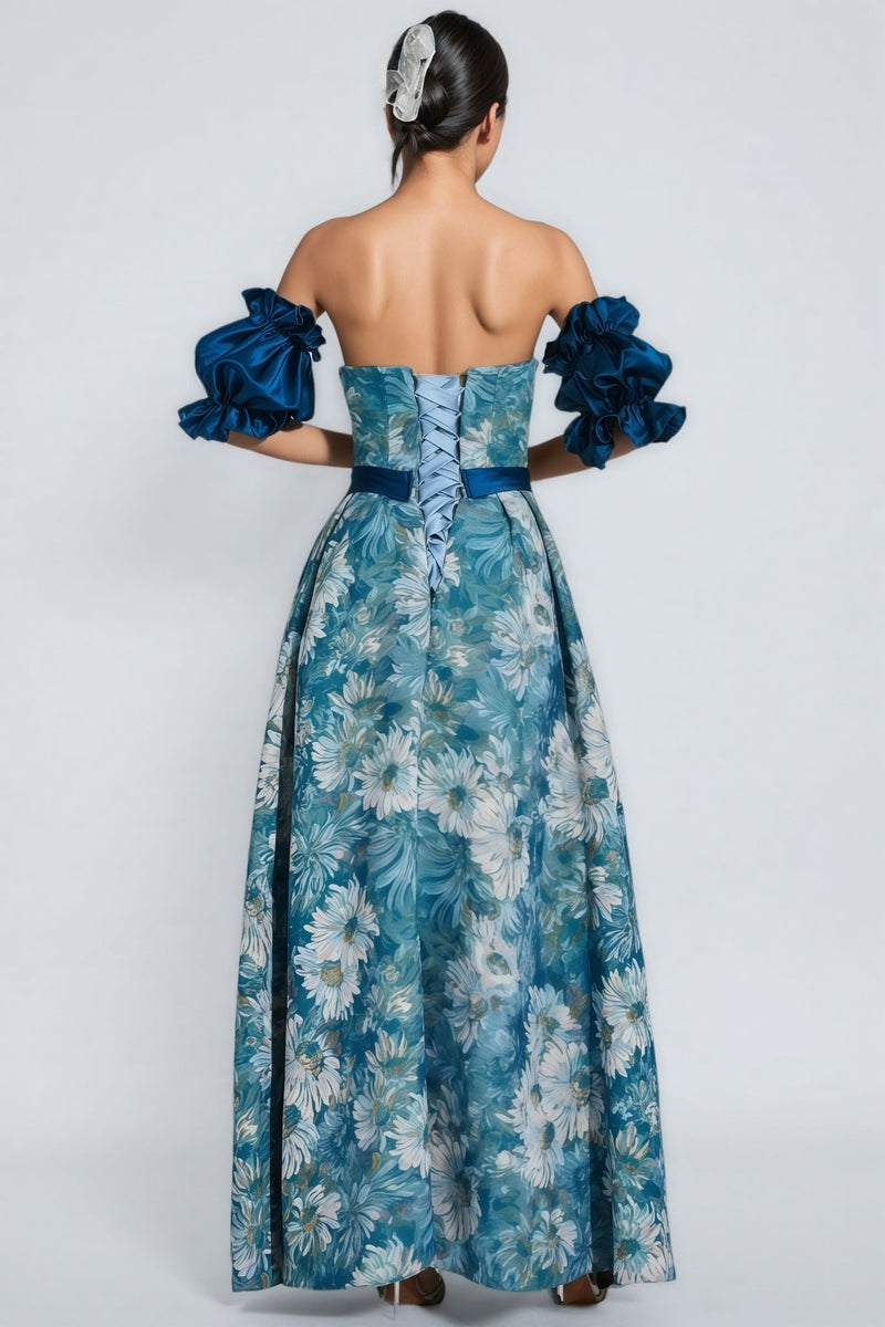 Briar Blue Puff Sleeves Off Shoulder Maxi Dress