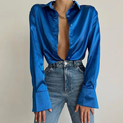 Button Up Satin Long Sleeve White Blouse
