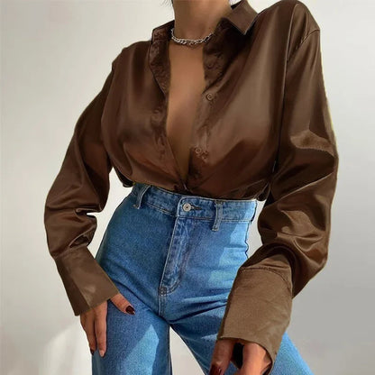 Button Up Satin Long Sleeve White Blouse