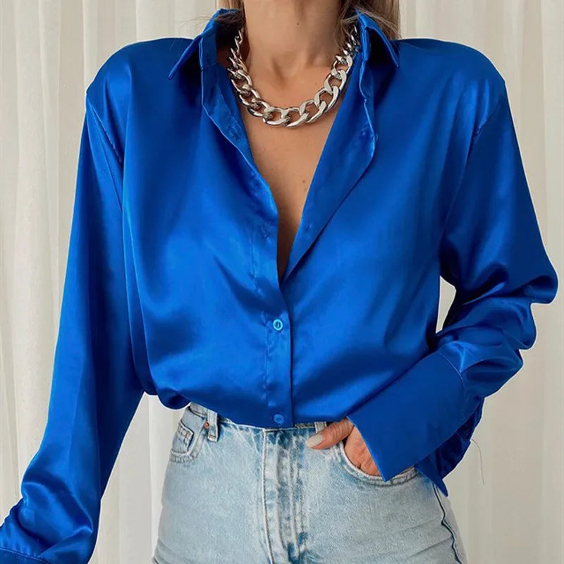 Button Up Satin Long Sleeve White Blouse