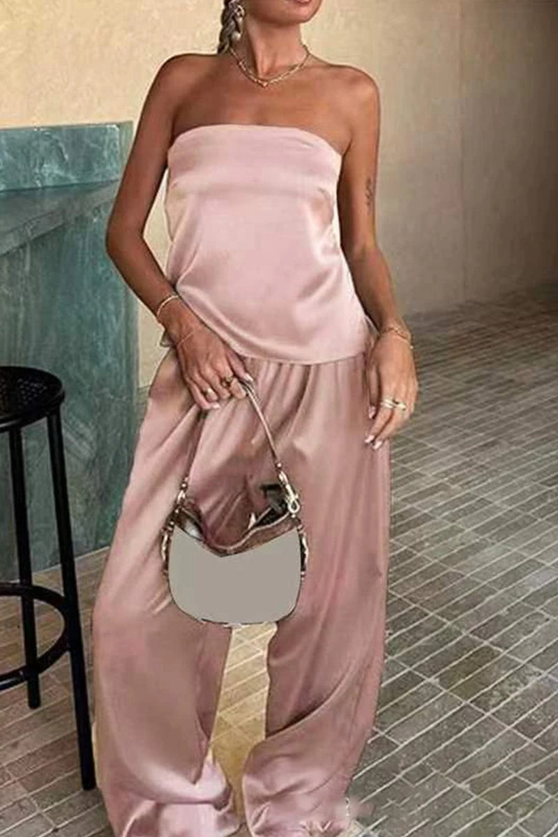 Satin Tube Top Long Pants Suits
