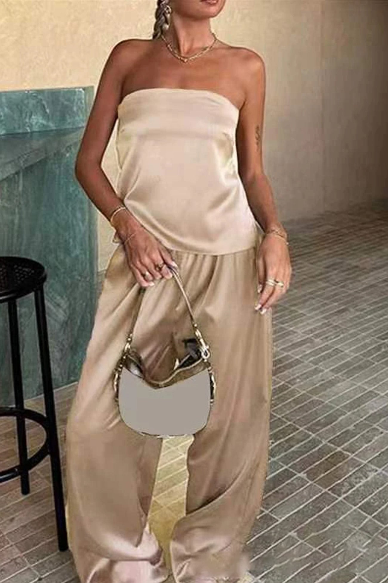 Satin Tube Top Long Pants Suits