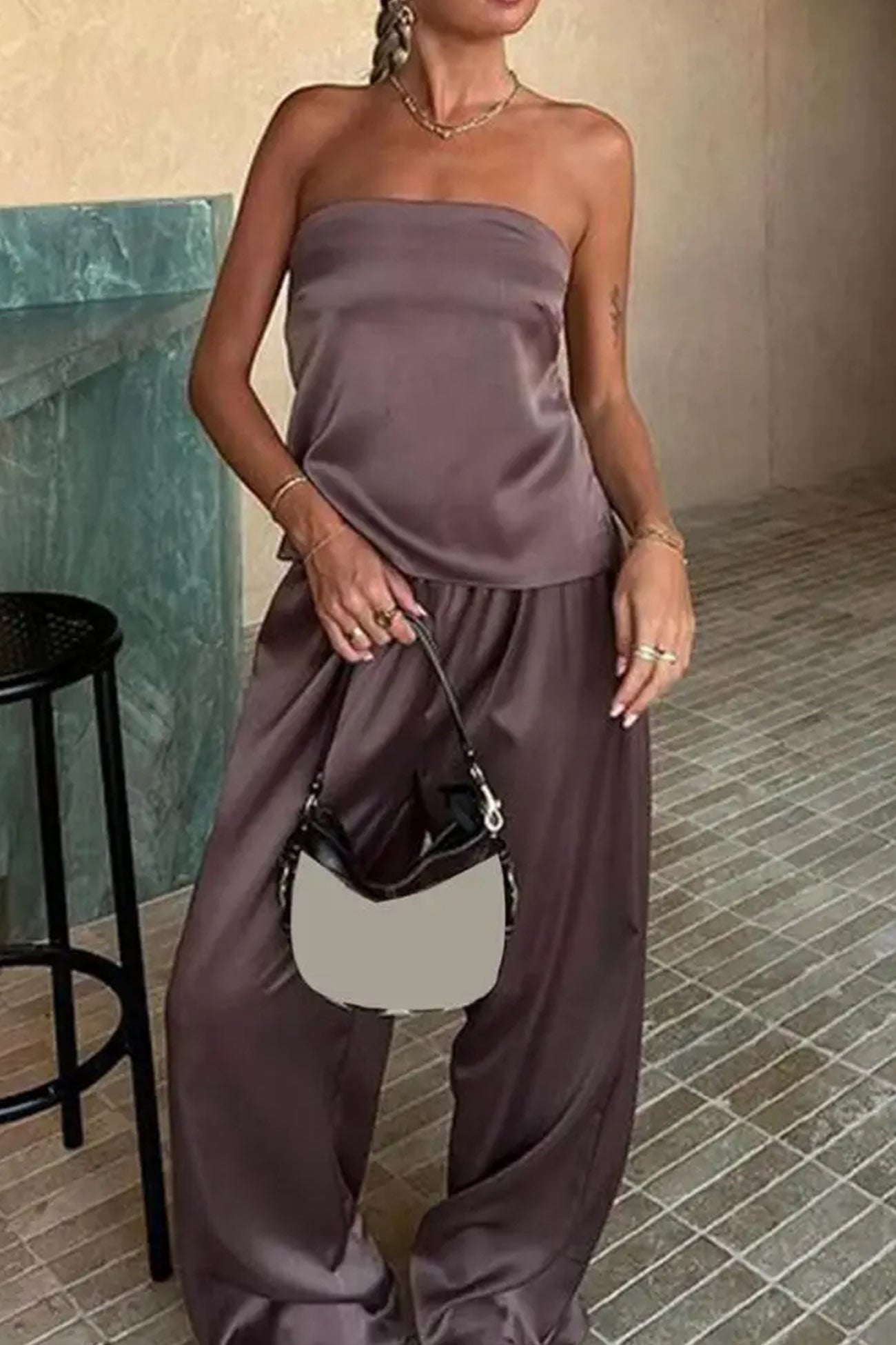 Satin Tube Top Long Pants Suits