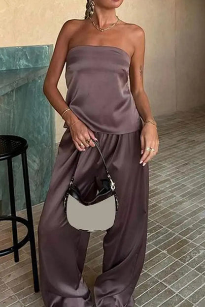 Satin Tube Top Long Pants Suits